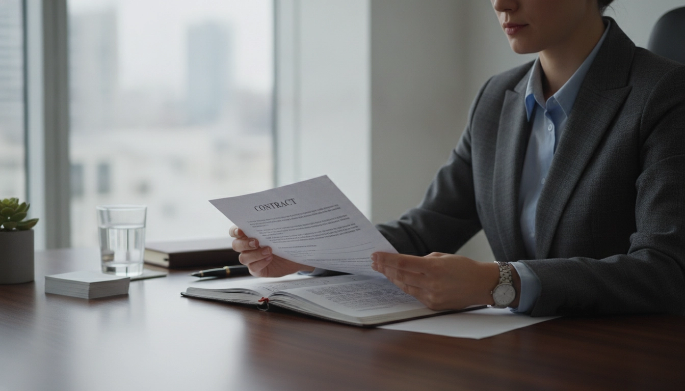 Un professionnel vérifiant les termes du contrat pour définir le montant acompte minimum légal prestataire de services