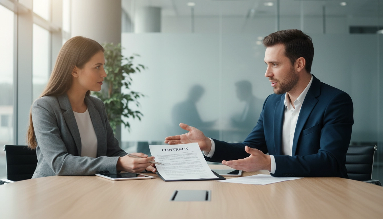 Un consultant expliquant pourquoi un acompte trop élevé risque perdre client lors d'un rendez-vous commercial.