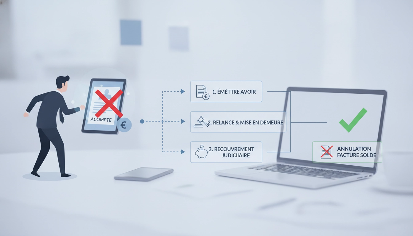 Gestion administrative d'une annulation facture acompte client refus paiement solde