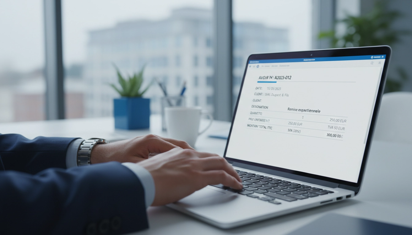 Comptable saisissant un avoir dans un logiciel de facturation pour annuler une facture d'acompte