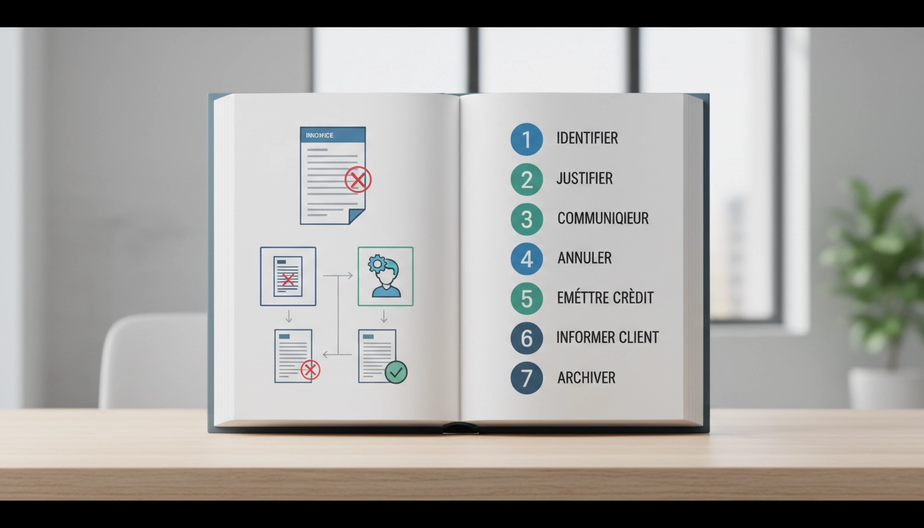 Entrepreneur consultant son ordinateur pour annuler une facture d'acompte déjà émise et émettre un avoir