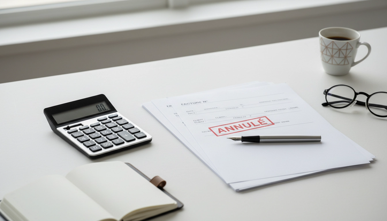 Bureau comptable professionnel avec des documents pour annuler une facture d'acompte et un tampon annulation