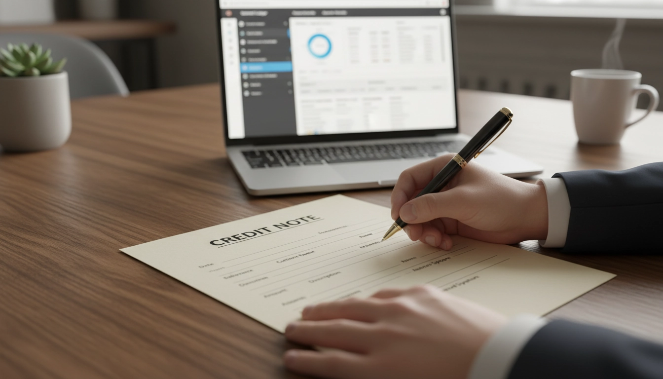 Chef d'entreprise signant un avoir comptable après annuler une facture d'acompte client