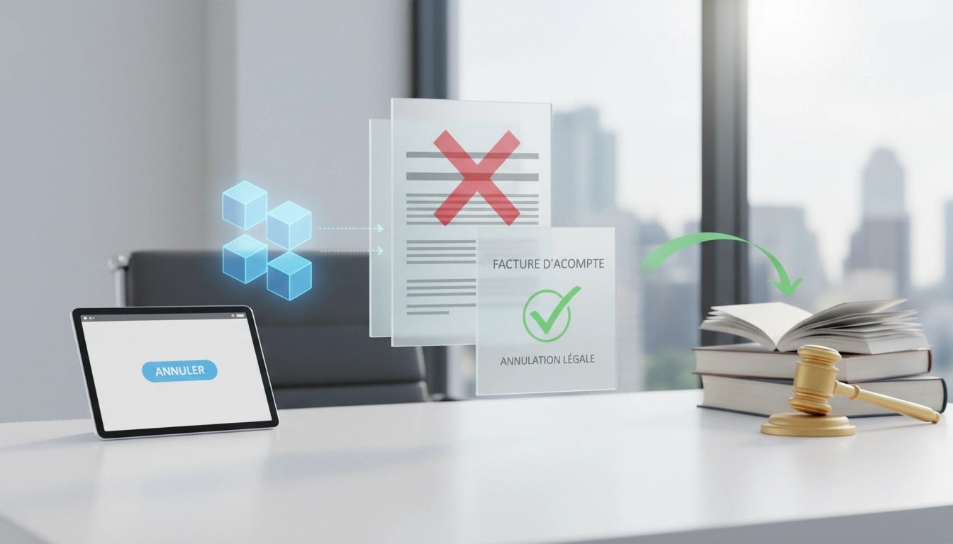 Illustration représentant le processus d'annulation d'une facture d'acompte avec des documents comptables et un tampon officiel