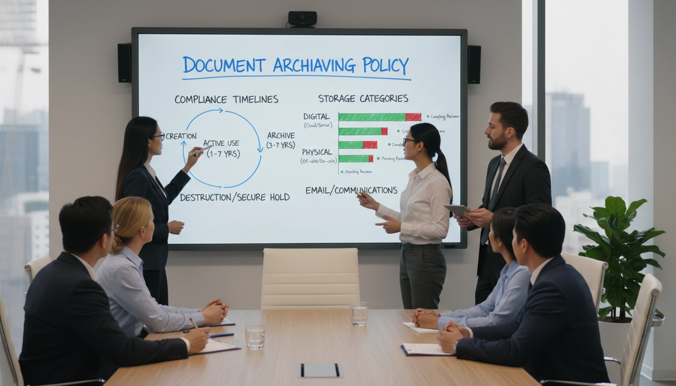 Équipe professionnelle définissant une politique d'archivage des factures et de conservation documentaire