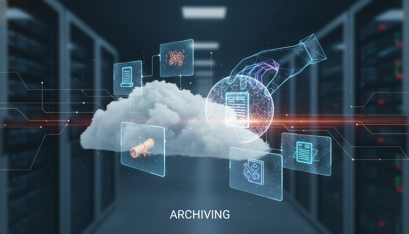 Bureau professionnel organisé avec des classeurs de factures archivées et un ordinateur affichant un logiciel d'archivage électronique