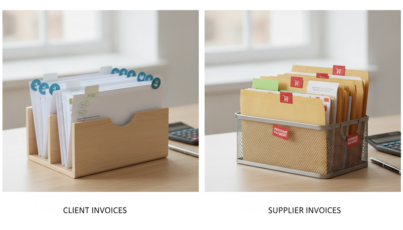 Illustration montrant la différence archivage papier factures clients factures fournisseurs dans des dossiers séparés.