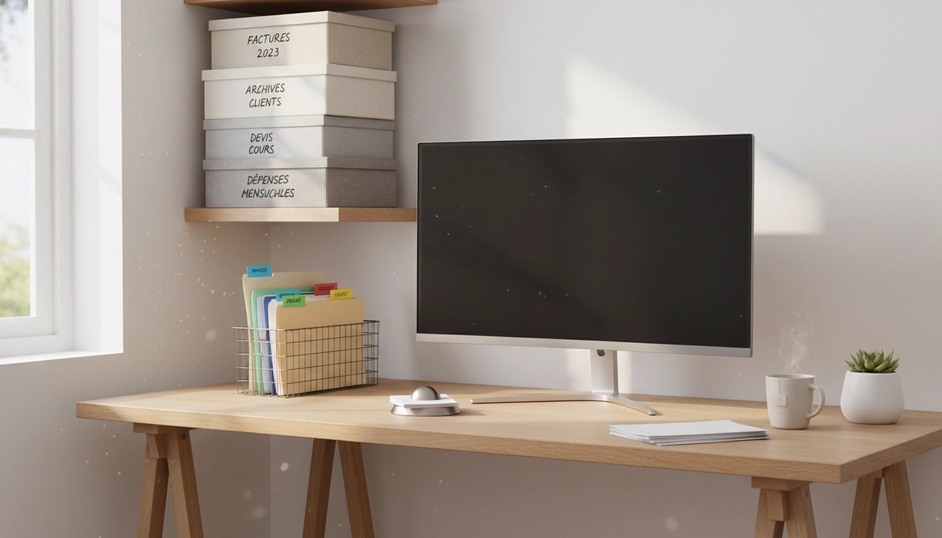 Bureau organisé avec système d'archivage papier factures : boîtes étiquetées par année fiscale sur une étagère en bois
