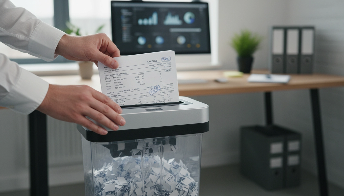 Destruction sécurisée de factures papier avec un broyeur à coupe croisée après expiration du délai légal d'archivage
