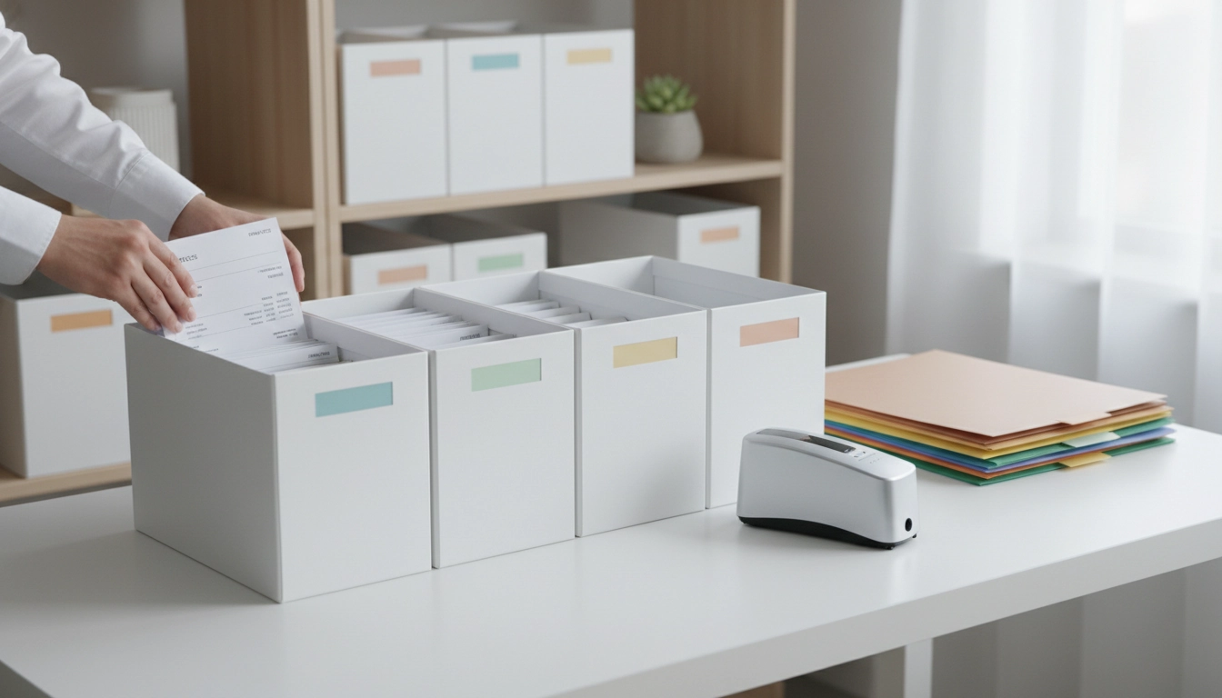 Système d'archivage papier factures avec boîtes d'archives étiquetées et classeurs rangés sur une étagère de bureau