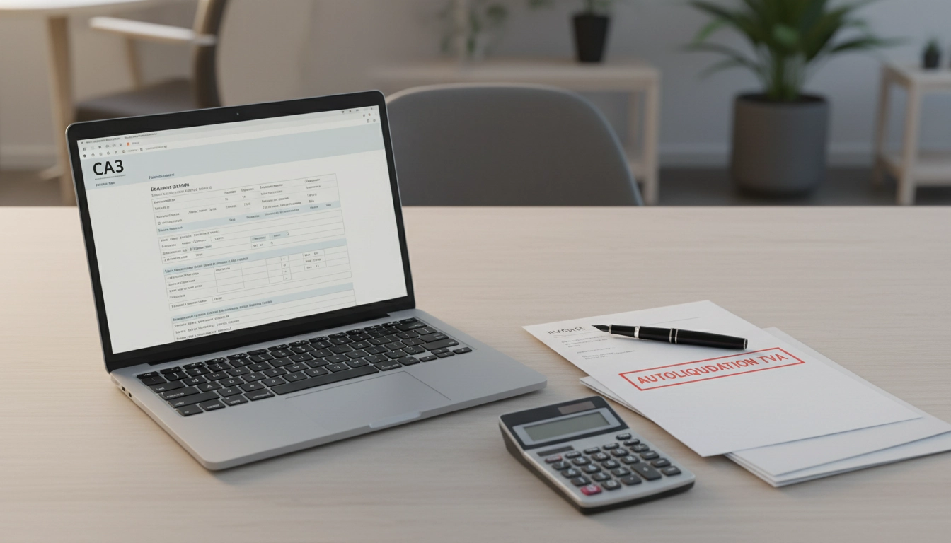 Bureau comptable avec facture soumise à l'autoliquidation de la TVA et formulaire CA3 ouvert sur un ordinateur portable