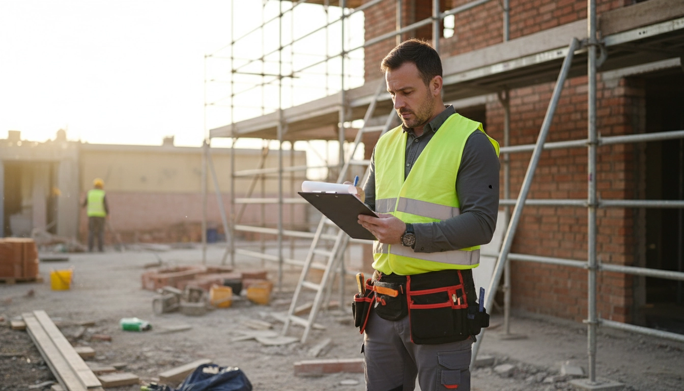 Sous-traitant bâtiment vérifiant une facture d'autoliquidation TVA sous-traitant bâtiment sur un chantier de rénovation