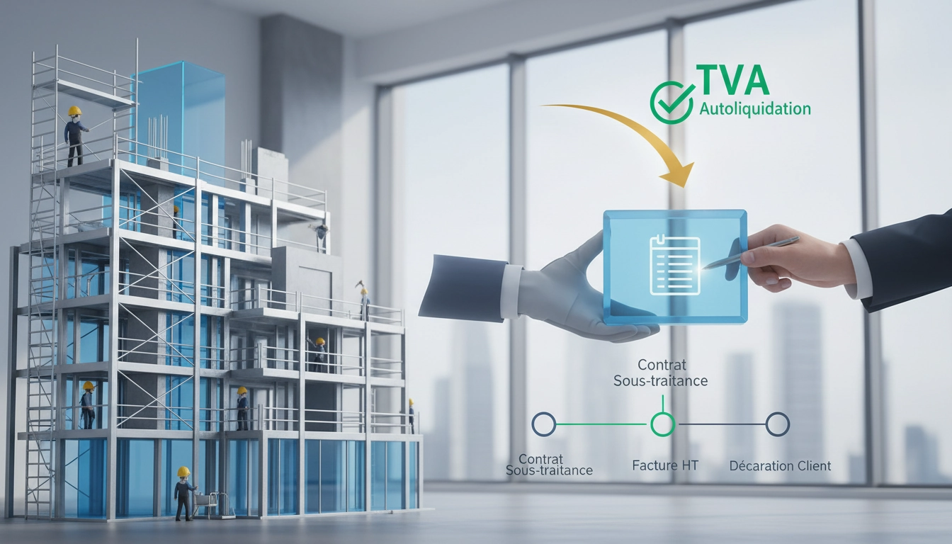 Sous-traitant dans le bâtiment examinant une facture en autoliquidation TVA sur un chantier de construction