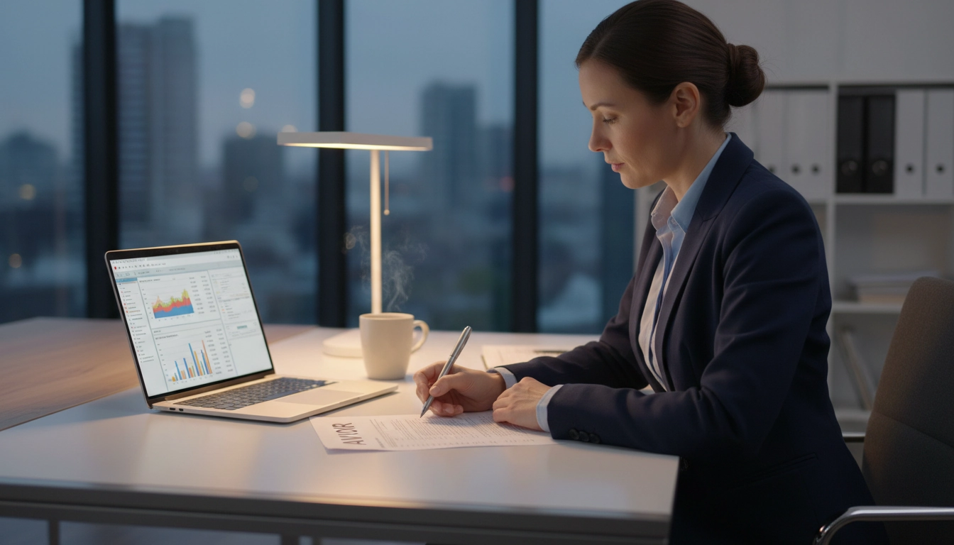 Comptable vérifiant un avoir sur facture d'acompte comment le rédiger correctement, document posé sur un bureau professionnel