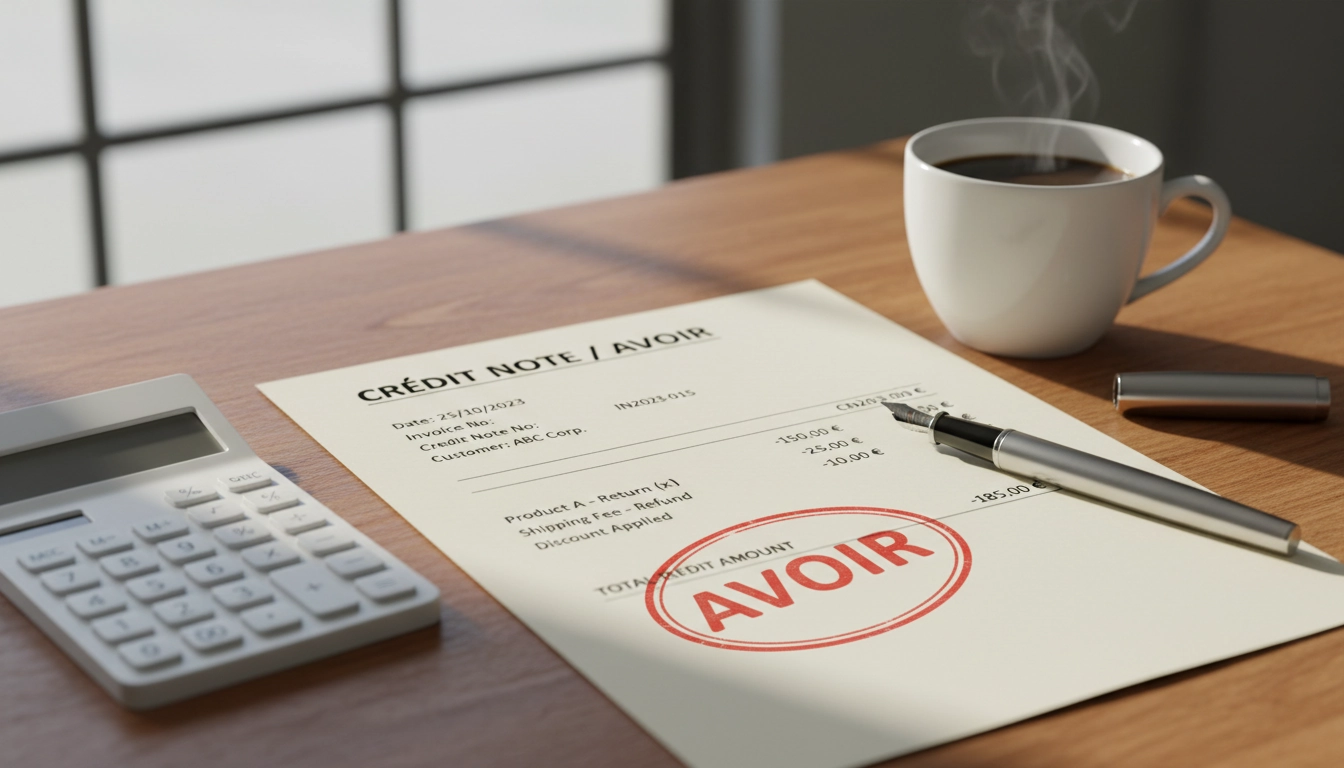 Document d'avoir sur facture d'acompte avec montants en négatif et tampon rouge, exemple de rédaction conforme