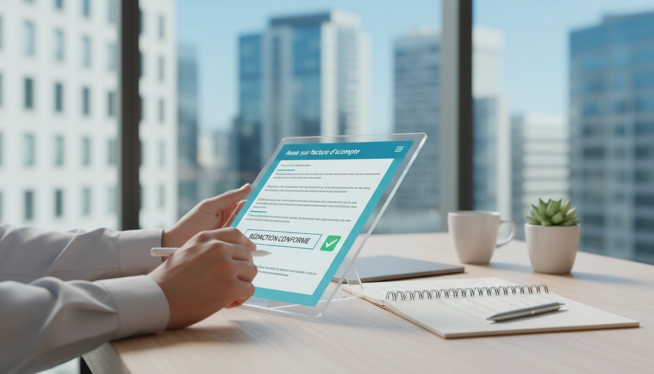 Professionnel rédigeant un avoir sur facture d'acompte sur ordinateur, document comptable ouvert
