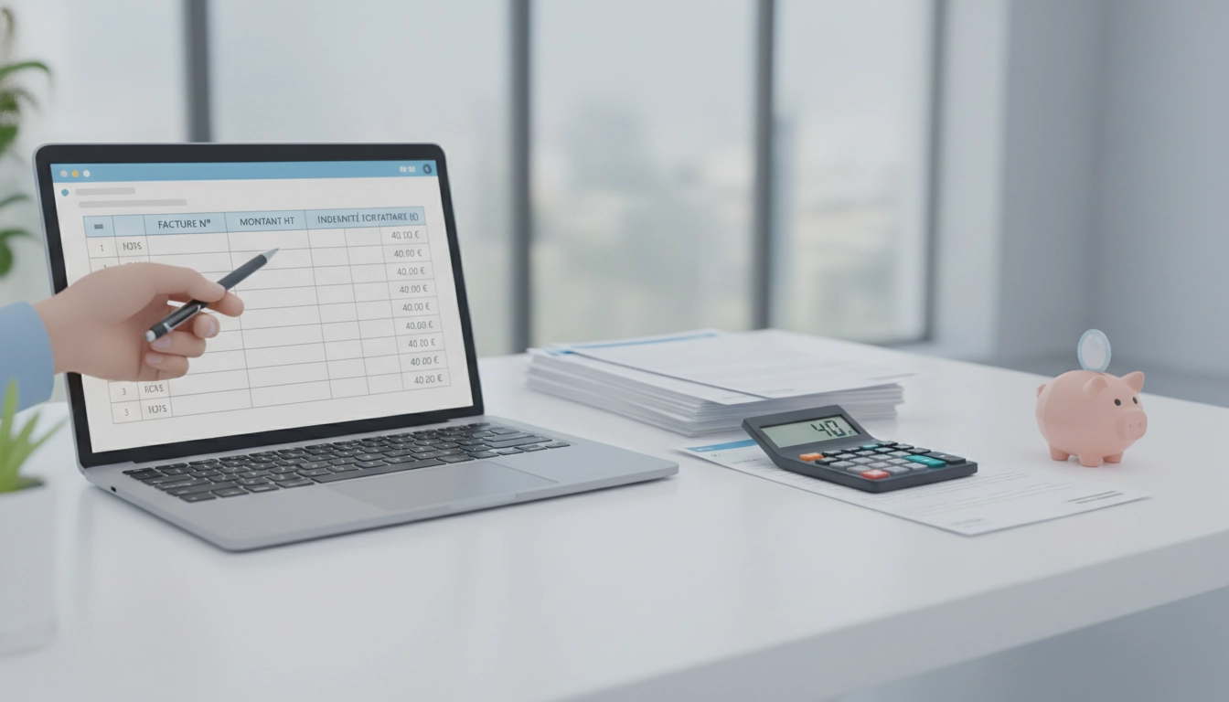 Bureau avec calculatrice et documents pour le calcul indemnité forfaitaire recouvrement 40 euros facture.