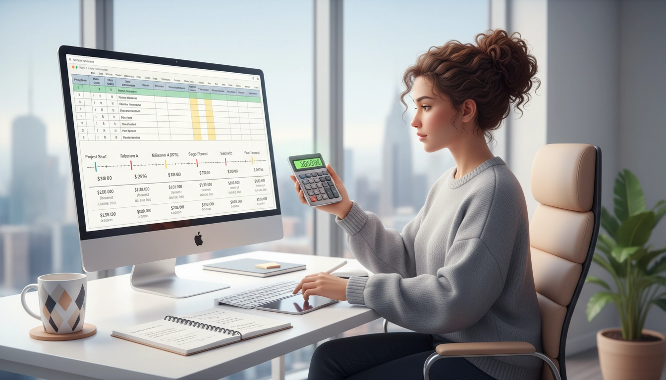 Freelance en prestation intellectuelle calculant comment calculer montant acompte freelance prestation intellectuelle avec des outils de facturation