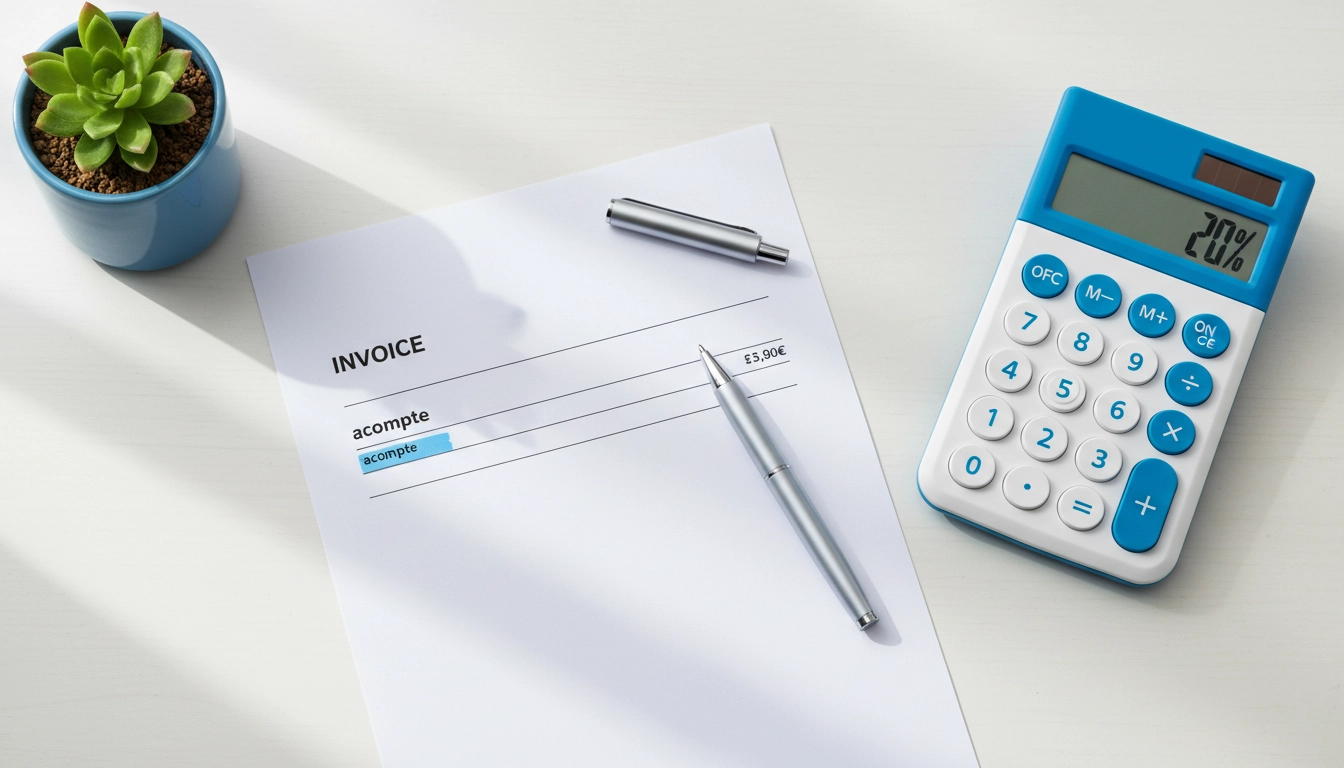 Calculer le montant de l'acompte sur un devis professionnel posé sur un bureau avec une calculatrice