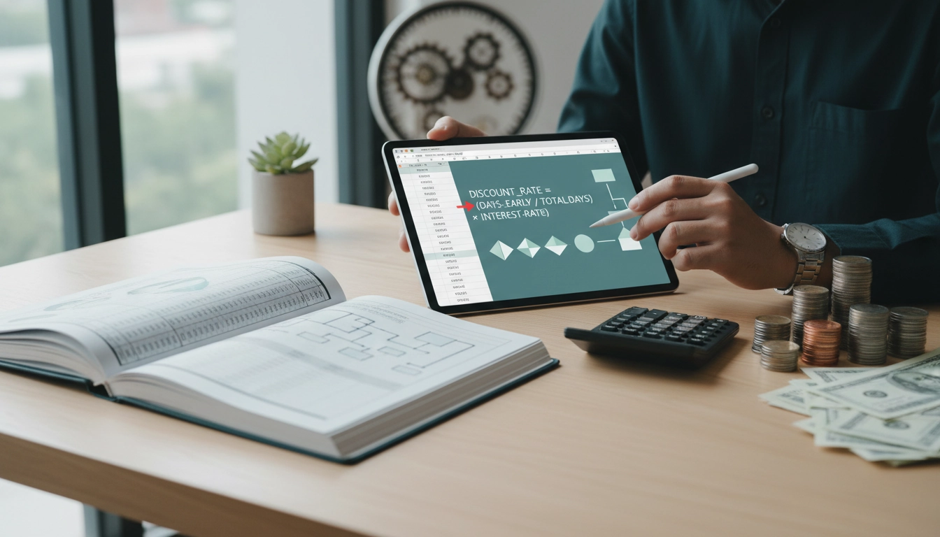 Illustration d'un gestionnaire calculant un taux d'escompte pour paiement anticipé sur une facture