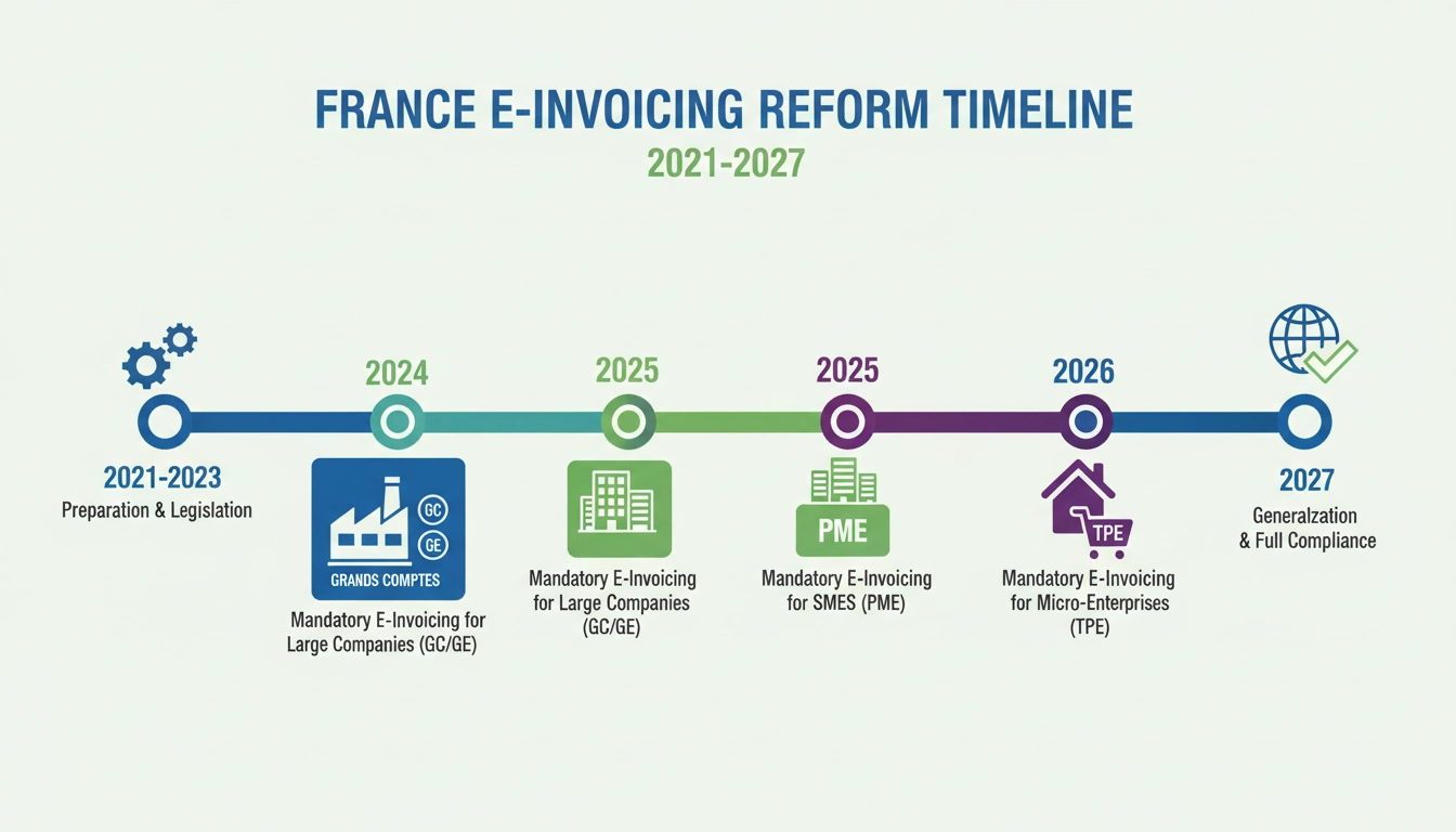 Infographie du calendrier de la facture électronique obligatoire en France de 2021 à 2027 par taille d'entreprise