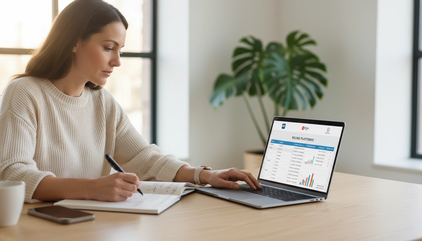 Dirigeante de TPE en train d'apprendre comment choisir sa plateforme de dématérialisation partenaire en tant que TPE sur son ordinateur portable
