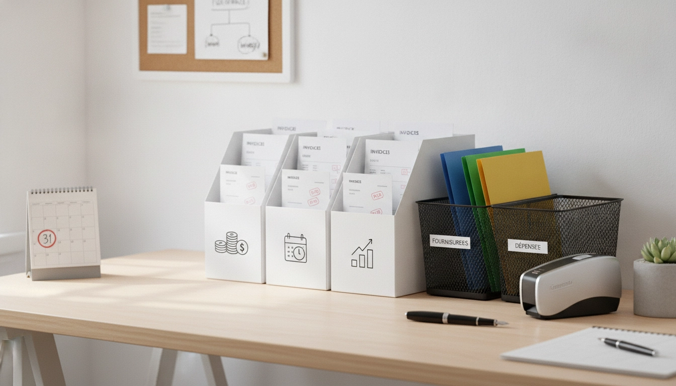 Un espace de travail organisé avec un système de classement physique factures papier auto-entrepreneur efficace.