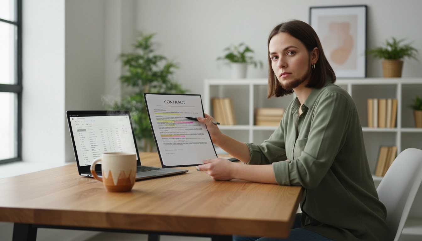 Un freelance qui vérifie les clauses de paiement à insérer dans un contrat freelance avant de le signer
