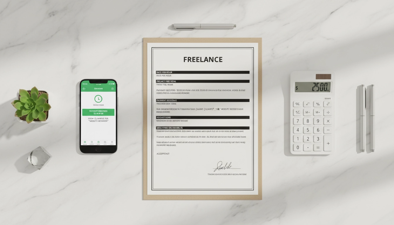 Contrat freelance signé avec confirmation de paiement, illustrant l'importance des clauses financières bien rédigées