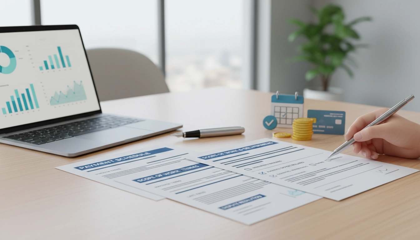 Illustration d'un freelance vérifiant les clauses de paiement à insérer dans un contrat freelance sur son ordinateur portable