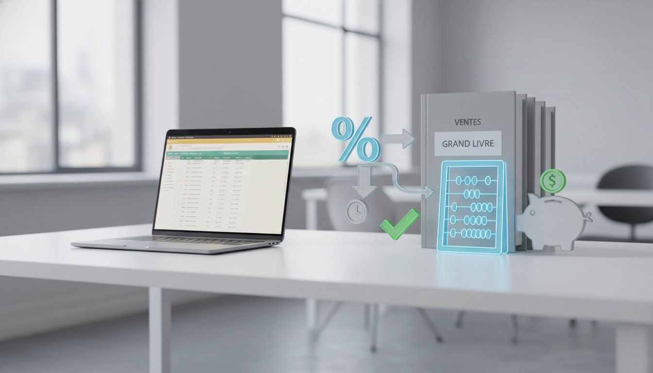 Interface d'un logiciel affichant la comptabilisation escompte accordé paiement anticipé journal avec les lignes de TVA.