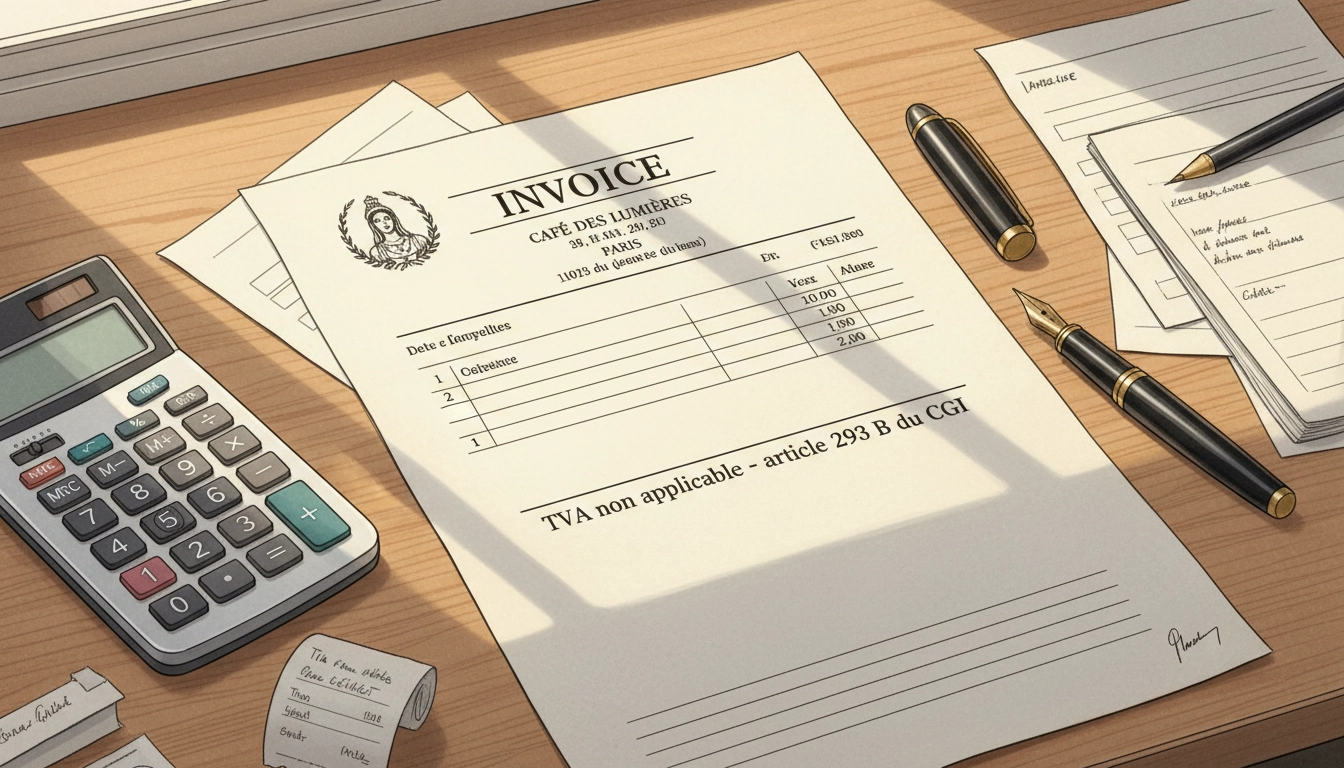 Facture professionnelle avec mention légale obligatoire dans le cadre de la franchise en base de TVA