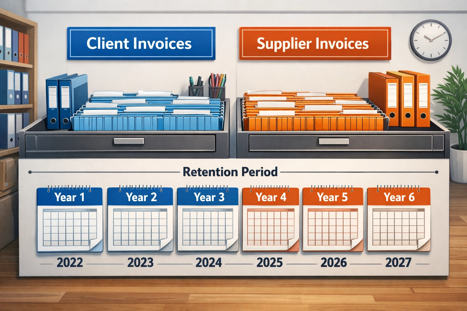 Système d'archivage professionnel illustrant la différence durée conservation factures clients vs fournisseurs avec timeline de 6 ans