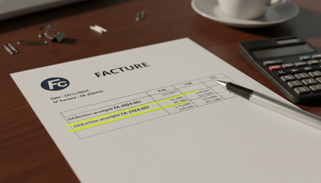 Exemple concret de facture de solde avec déduction des acomptes versés correctement présentée
