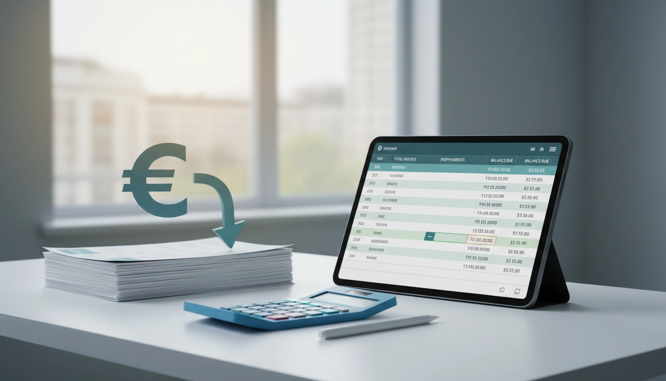 Professionnel indépendant rédigeant une facture de solde avec déduction des acomptes versés sur un ordinateur portable