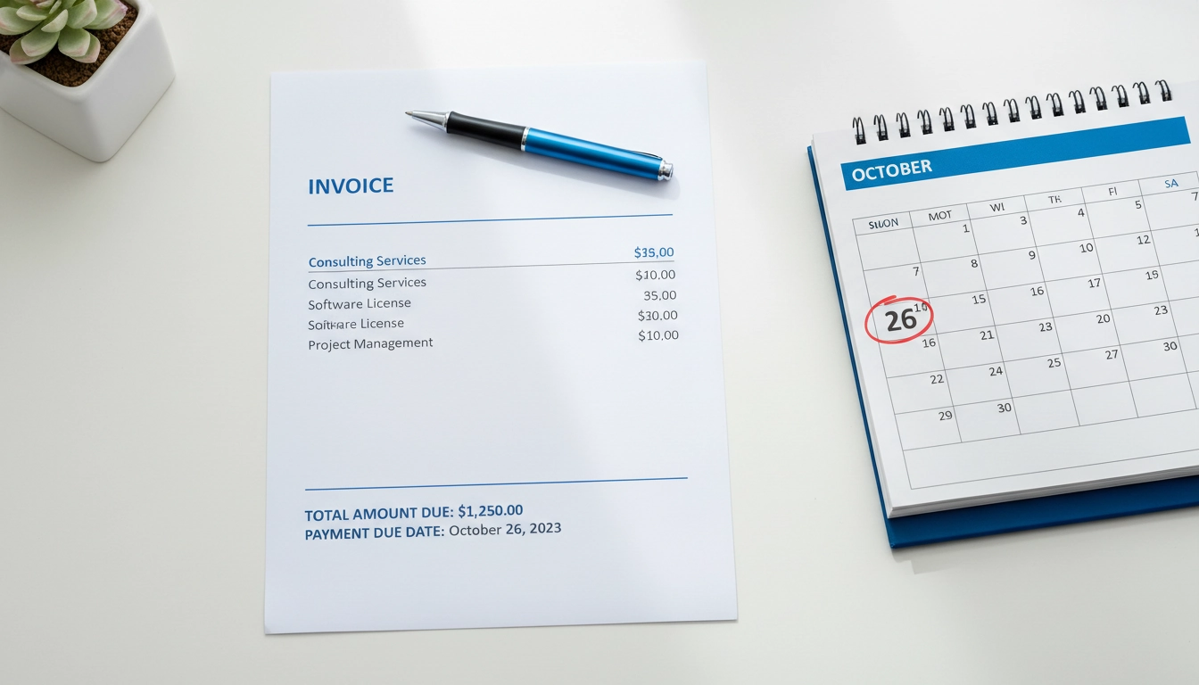Facture professionnelle posée sur un bureau avec un calendrier indiquant le délai de paiement d'une facture