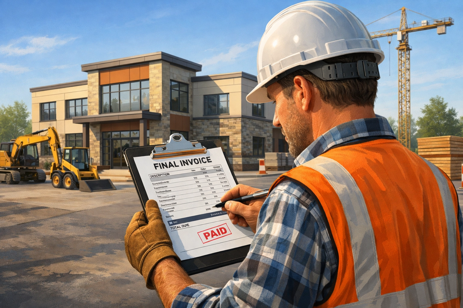 Professionnel du bâtiment examinant la facture de solde à la fin du chantier, représentant le délai d'émission facture de solde après fin de chantier