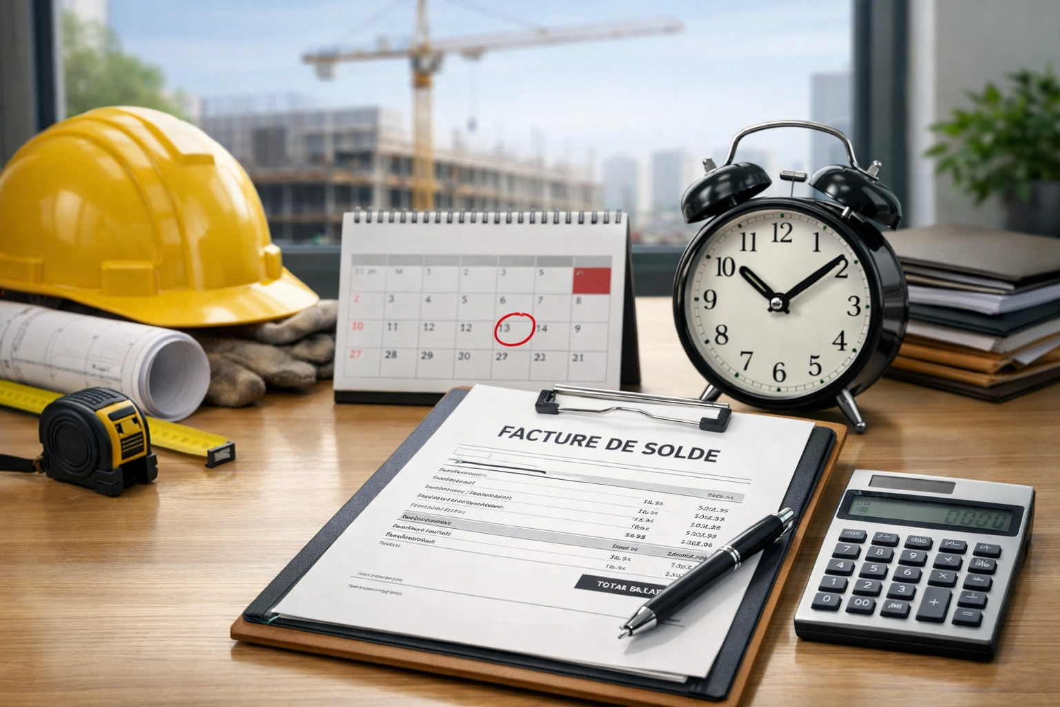 Processus de délai d'émission facture de solde après fin de chantier avec calendrier de paiement