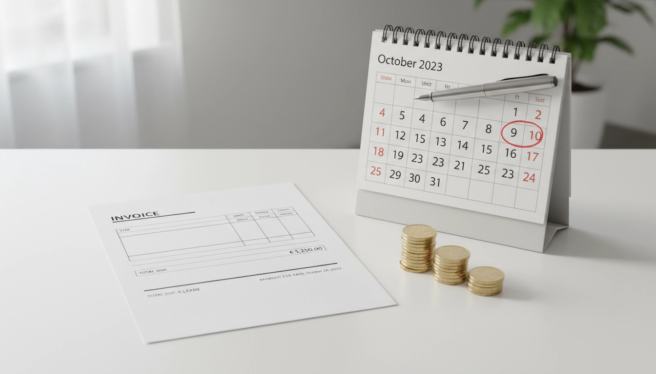 Facture professionnelle posée sur un bureau avec un calendrier illustrant les délais de paiement légaux entre entreprises