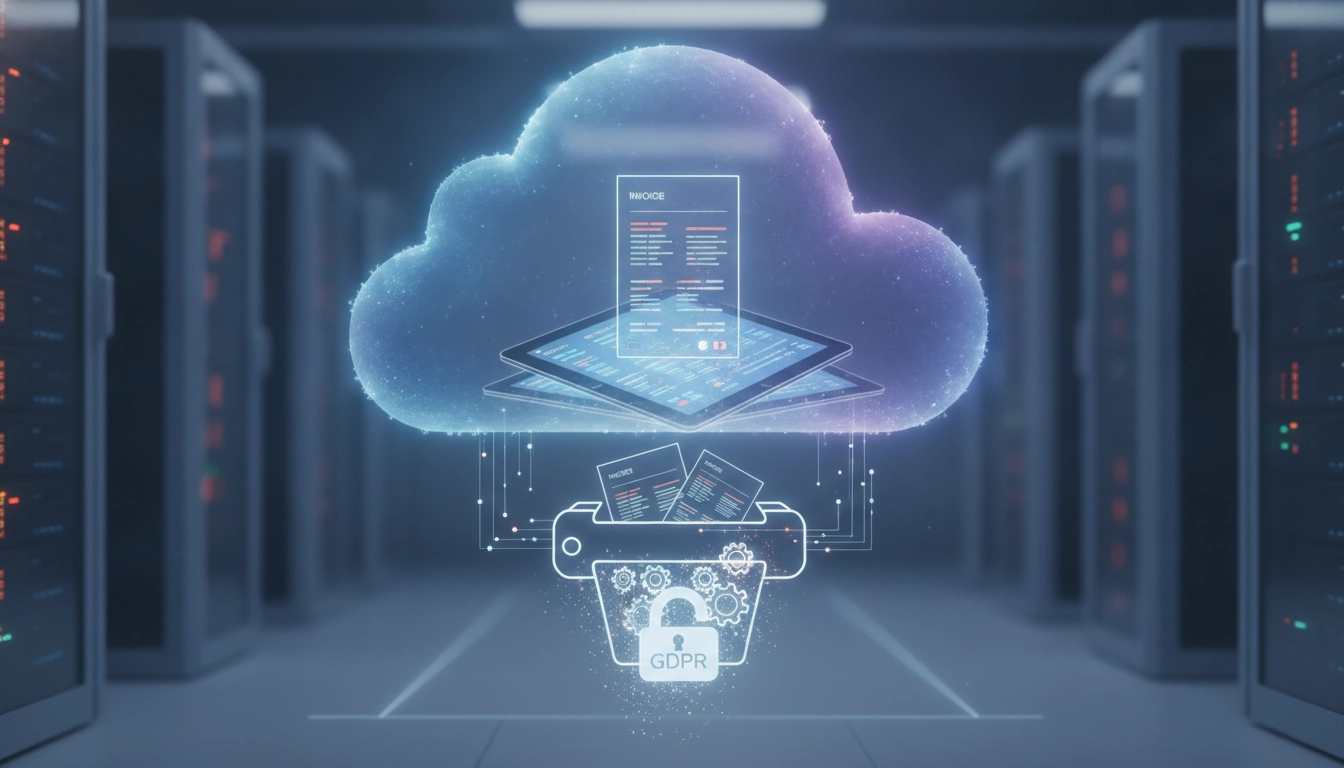 Illustration montrant la destruction factures numériques archivées cloud conforme RGPD dans un environnement de travail sécurisé