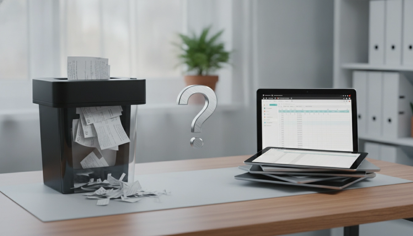 Un bureau organisé avec des dossiers classés et une machine de destruction anciennes factures papier auto-entrepreneur obligatoire en arrière-plan.
