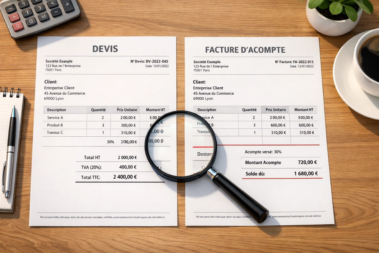 Comparaison visuelle entre un devis et une facture d'acompte montrant la différence juridique de ces deux documents comptables