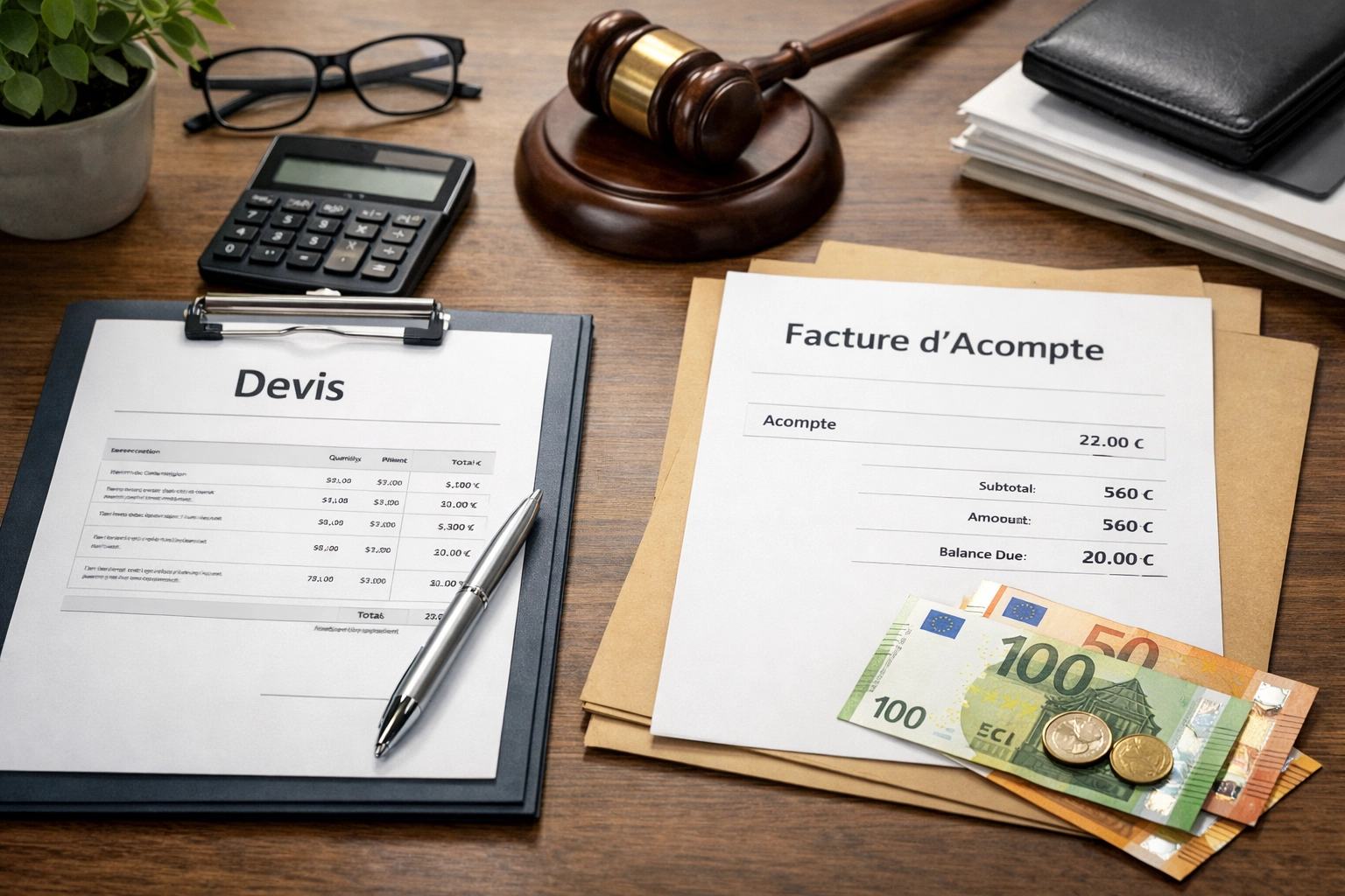 Illustration comparative montrant la différence juridique entre un devis et une facture d'acompte avec symboles contractuels
