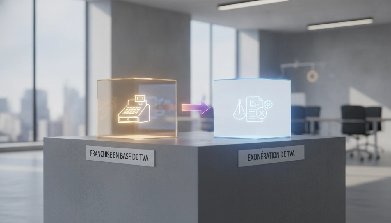 Graphique illustrant la différence entre franchise en base de TVA et exonération de TVA pour les entrepreneurs.