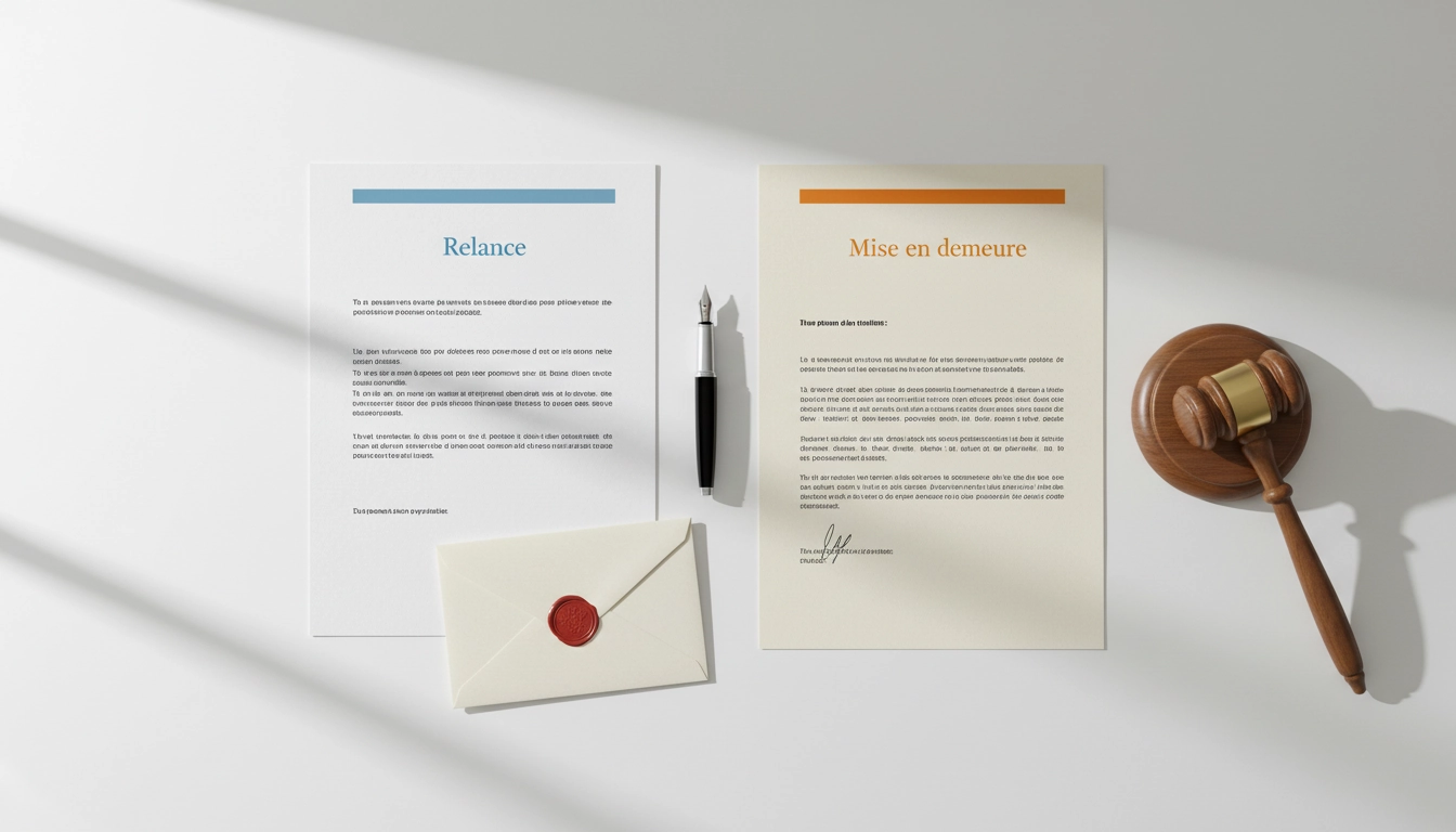 Illustration de la différence lettre de relance et mise en demeure posées côte à côte sur un bureau professionnel