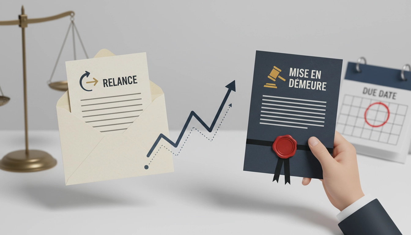 Comparaison visuelle entre une lettre de relance amiable et une mise en demeure formelle pour impayés