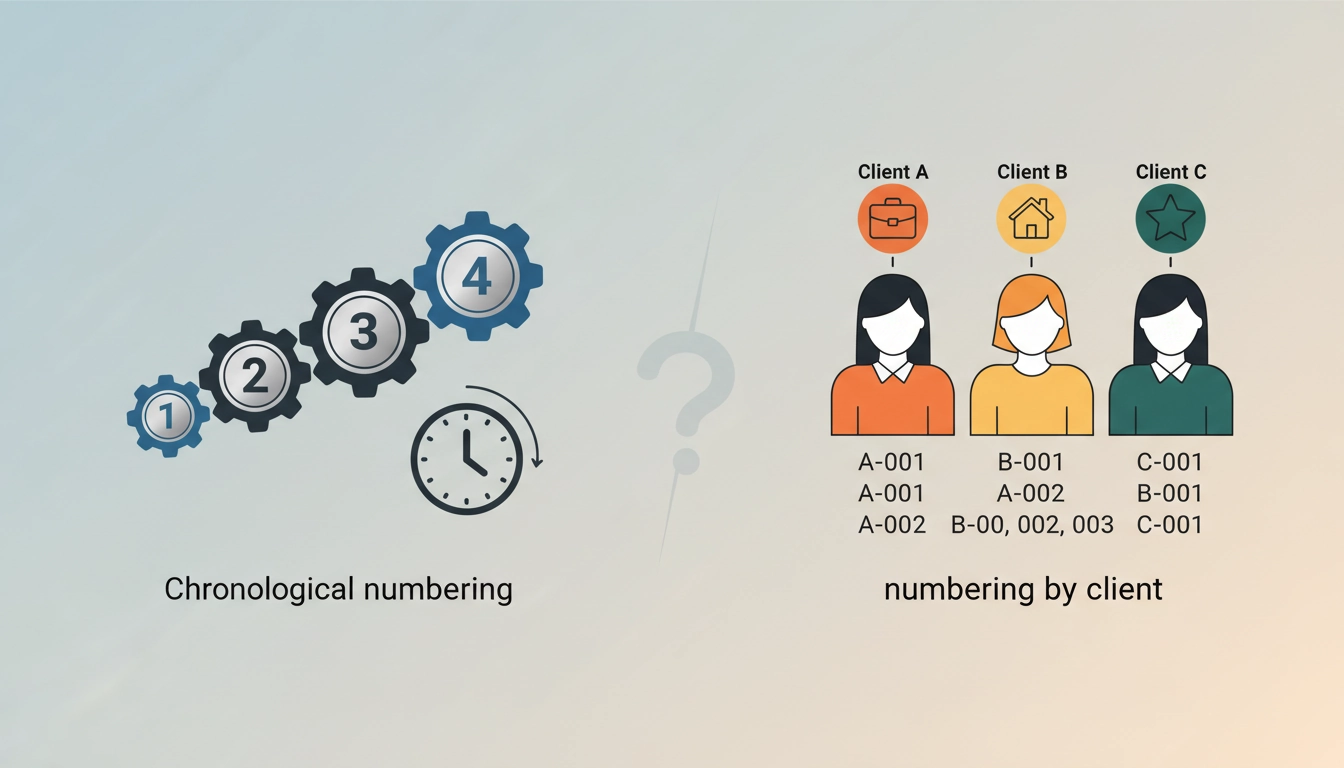 Illustration montrant la différence entre numérotation chronologique et numérotation par client sur un écran de logiciel comptable.