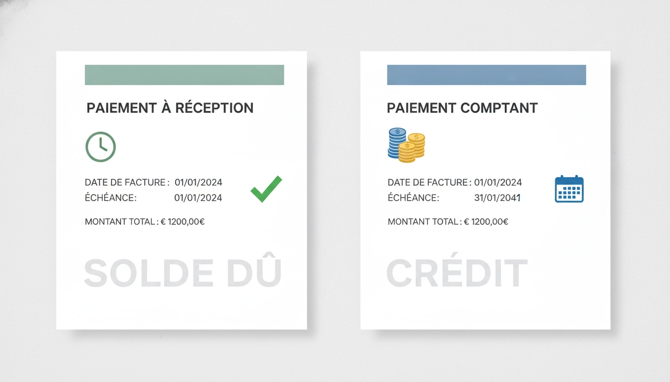 Graphique comparatif illustrant la différence paiement à réception et paiement comptant facture pour les entreprises.