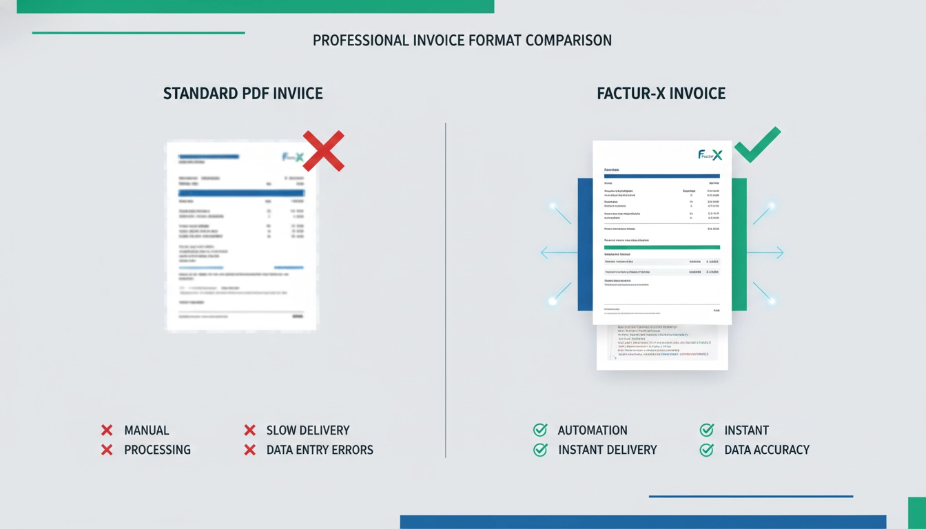 Illustration comparant la différence entre PDF classique et format Factur-X : structure XML automatisée versus image statique, montrant les avantages respectifs pour la facturation électronique