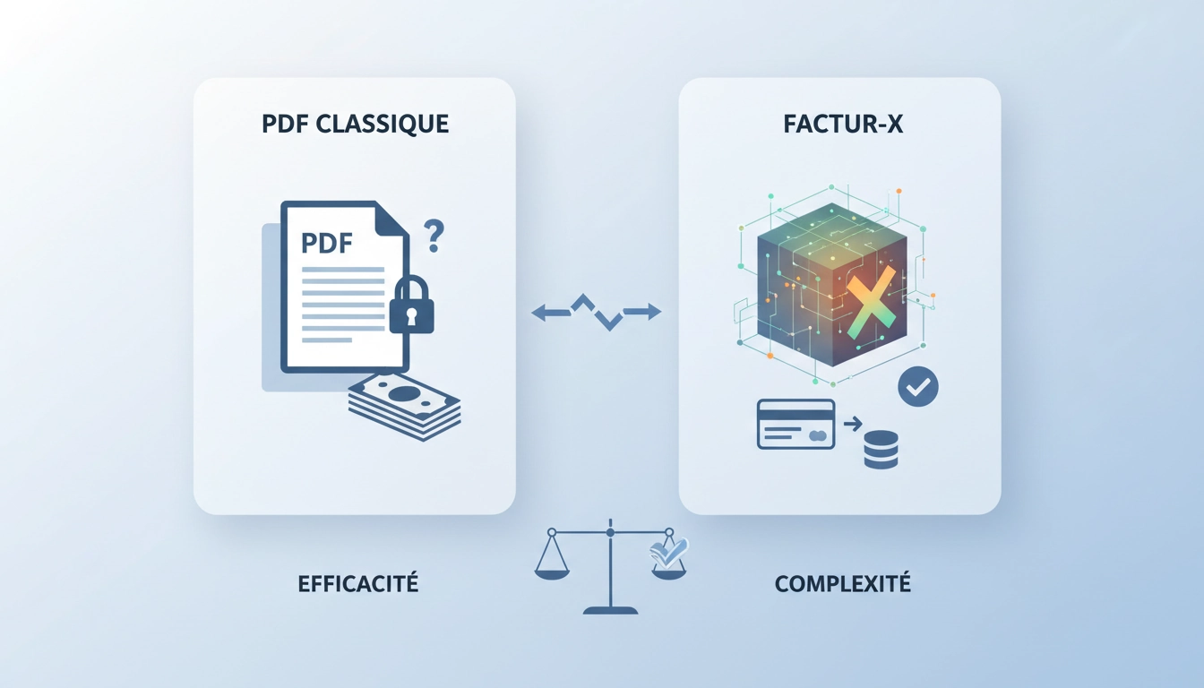 Schéma comparatif montrant la différence entre PDF classique et format Factur-X : structure XML, automatisation, et traitement des données de facturation électronique